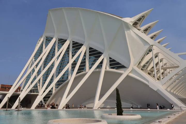 Estructura blanca de costillas del Museu de les Ciències de Valencia sobre el estanque, con visitantes pequeños al fondo